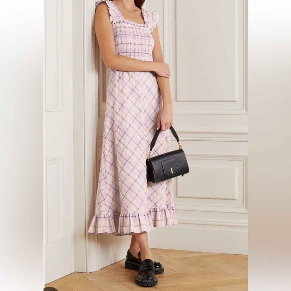 GANNI Purple Yellow Gingham Plaid Maxi Dress Orchid Bloom Seersucker Medium M 38 - Picture 5 of 5